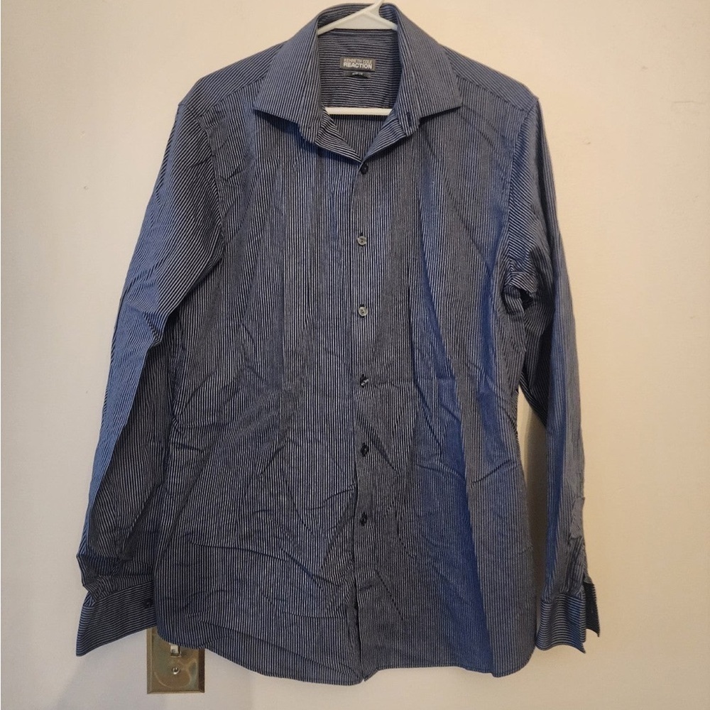 Kenneth cole long sleeve dress shirt blue black striped size l 34/35 15.5